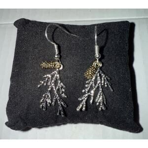 Wintry Branch SilvertoneDangle Earrings With Antique Brass Colored Pine Cones